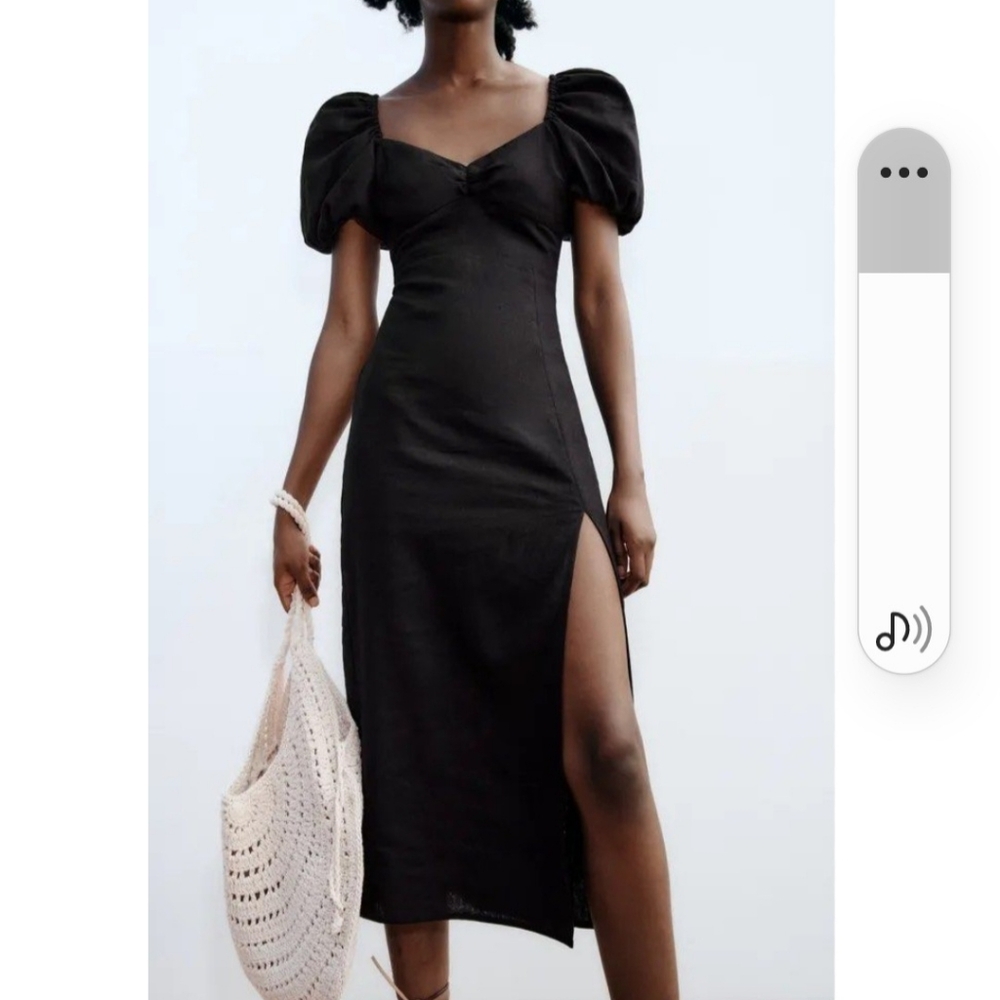 Zara NWT black Linen midi dress Puff Sleeves Open Back L - Picture 1 of 12